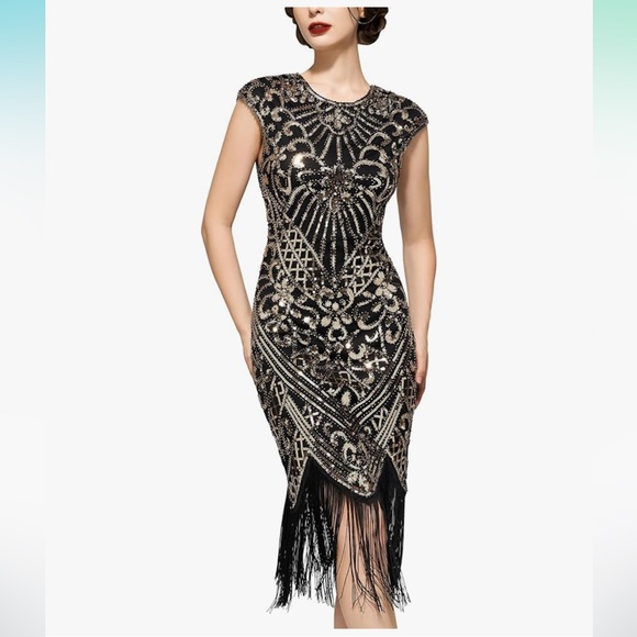 Flapper Dress 1920s Great Gatsby Sequin Fringed Roaring 20s Dress w/ head piece - Picture 4 of 8